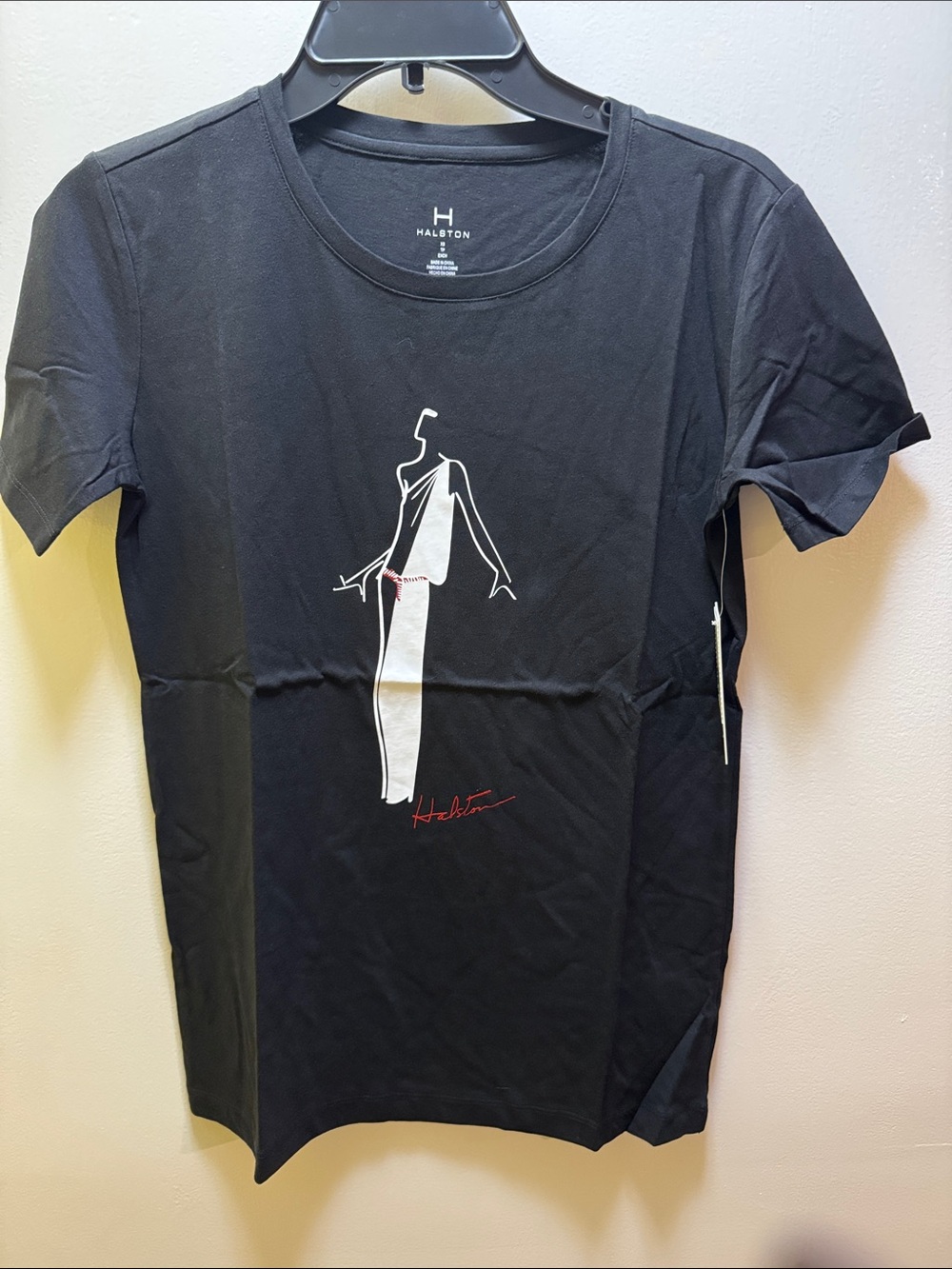 Halston Heritage Black Tee with White Minimalist Figure and Red Signature